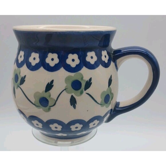 Polish Pottery Mug Boleslawiec Green Floral Handmade Poland Bubble Coffee Tea - Picture 1 of 6